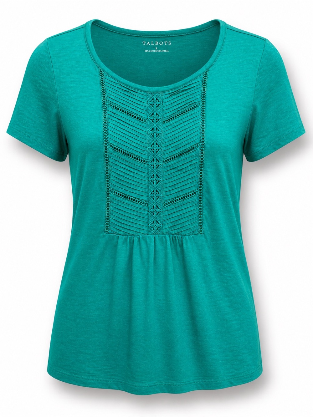 Talbots Teal Boho Pintuck Top Crochet Detail Casual Chic size S Coastal Grandma